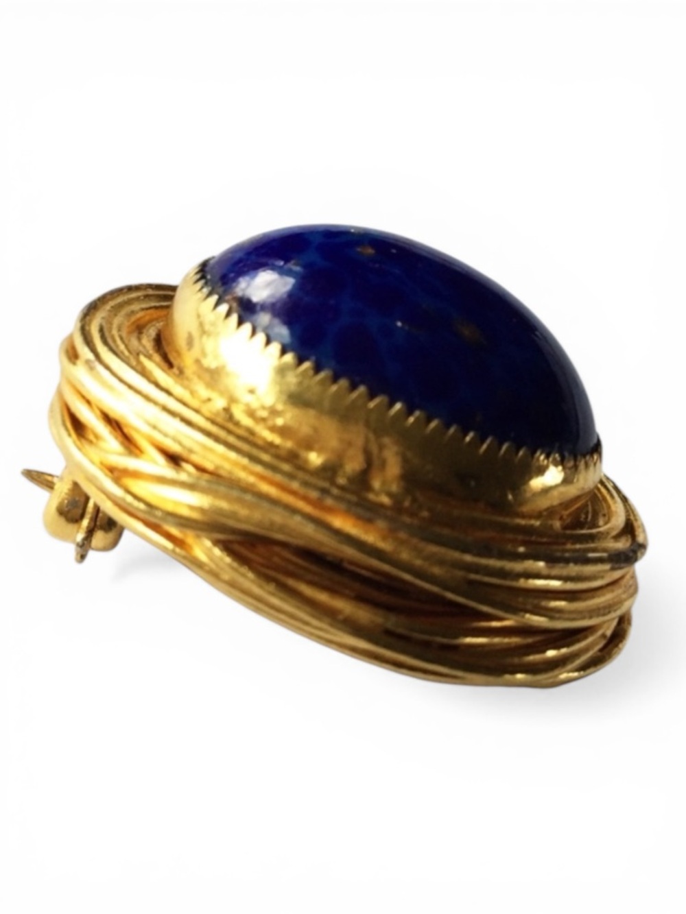 Vintage Brutalist Gold‑Tone Brooch - Blue Agate Cabochon & Gold Flecks - Picture 5 of 13